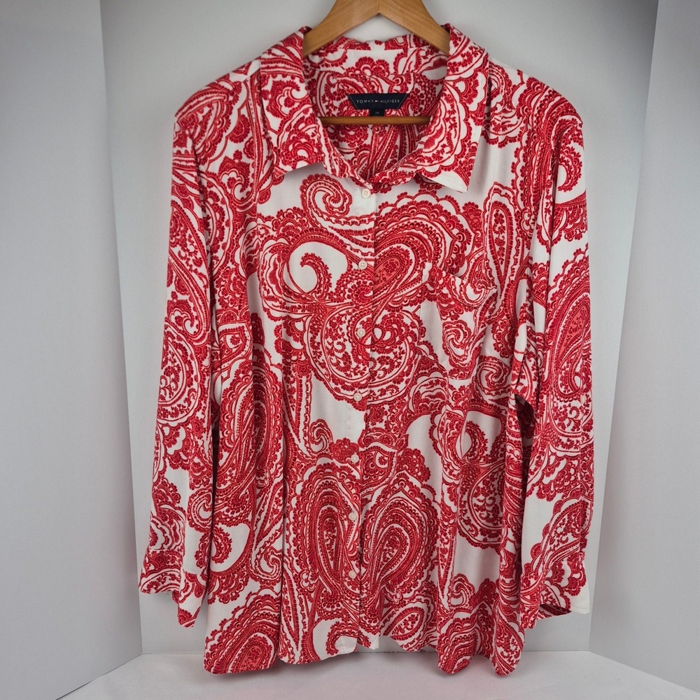 Tommy Hilfiger Womens Red White Paisley Print Long Sleeve Roll Tab Shirt 2X NWOT